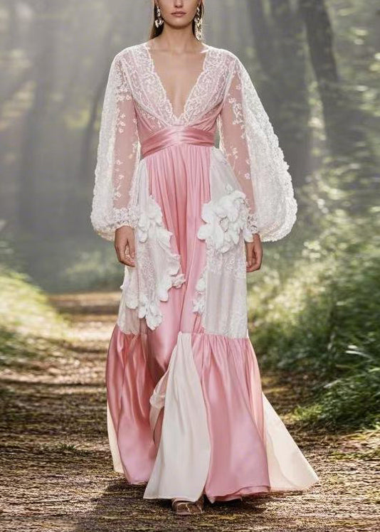 French Pink V Neck Lace Patchwork Silk Dress Spring