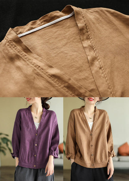 Khaki V Neck Button Linen Top Long Sleeve