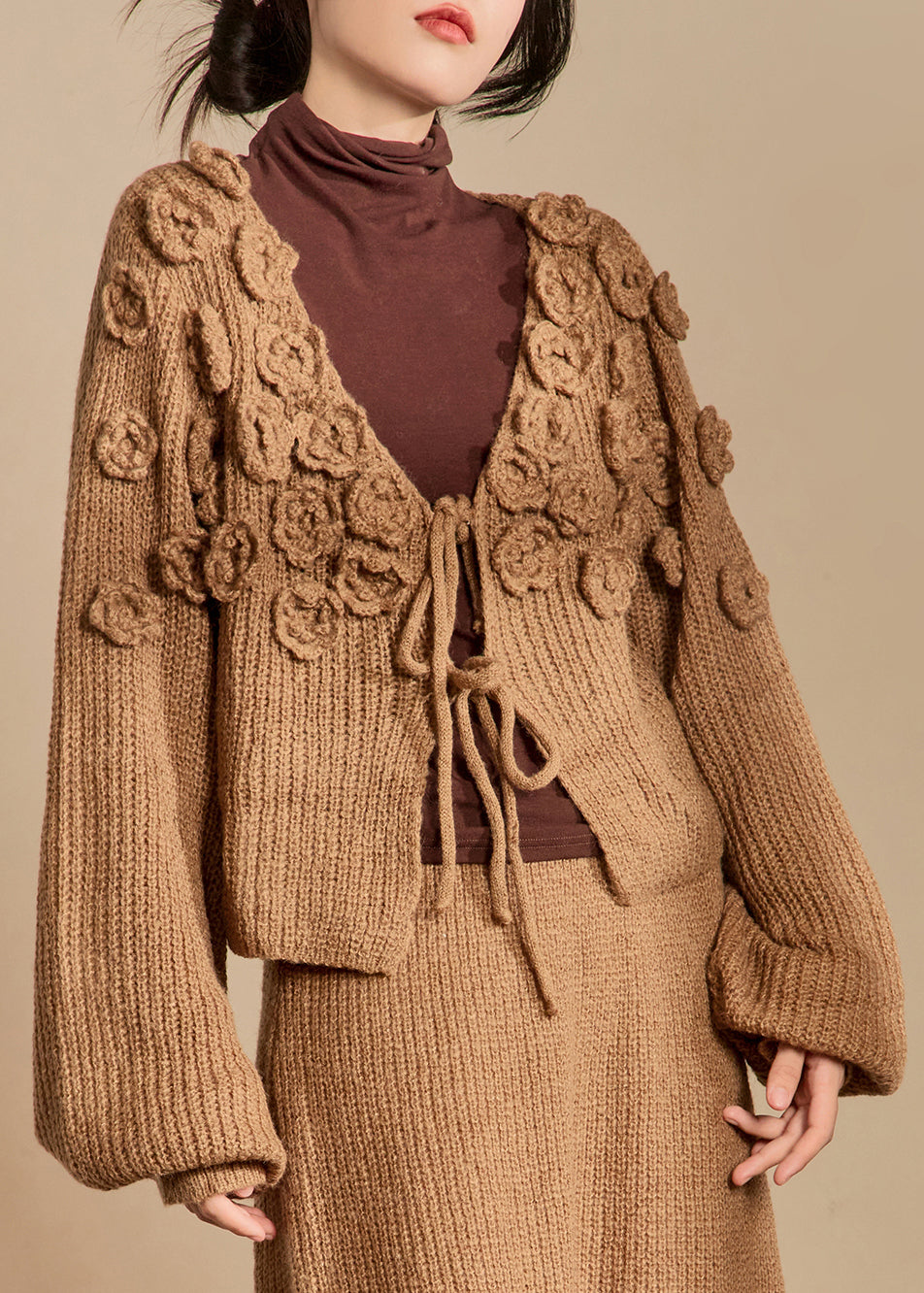 Dark Khaki Lace Up Hollow Out Knit Two Piece Set Spring