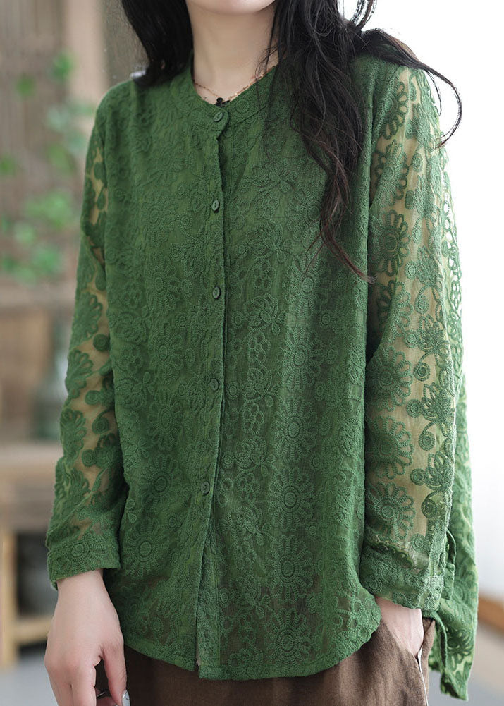 Green Lace Tops Asymmetrical Embroidered O-neck Spring