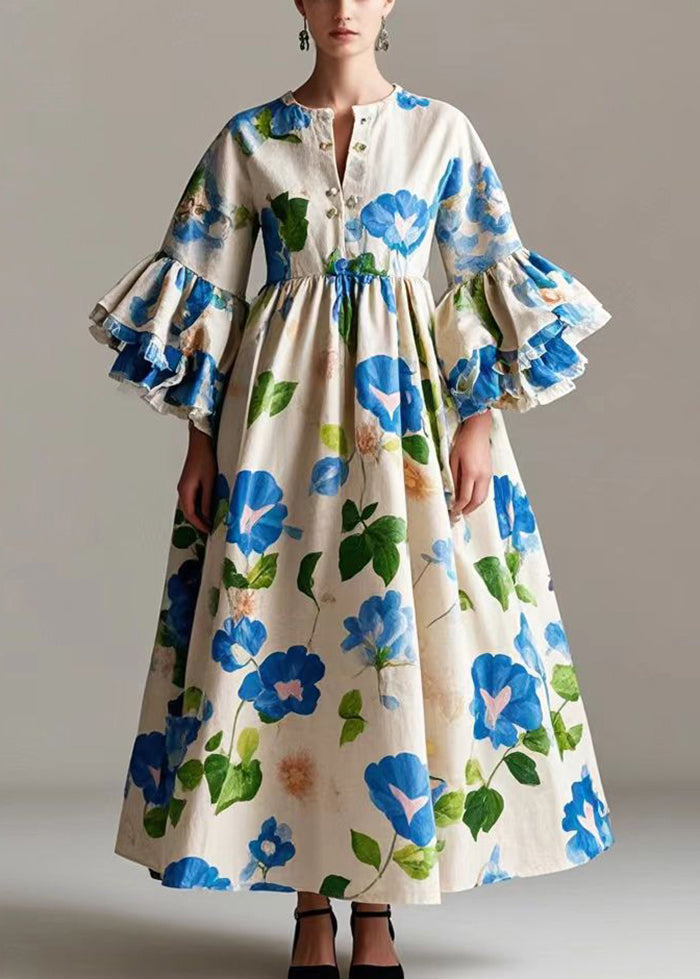 Beige Print Cotton a Line Dress Flare Sleeve