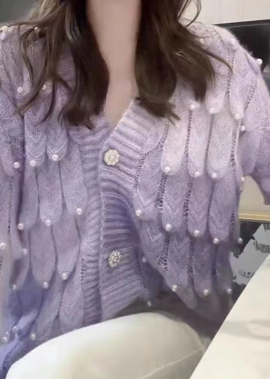 Pink Tie Dye V Neck Nail Bead Patchwork Knit Cardigan Fall