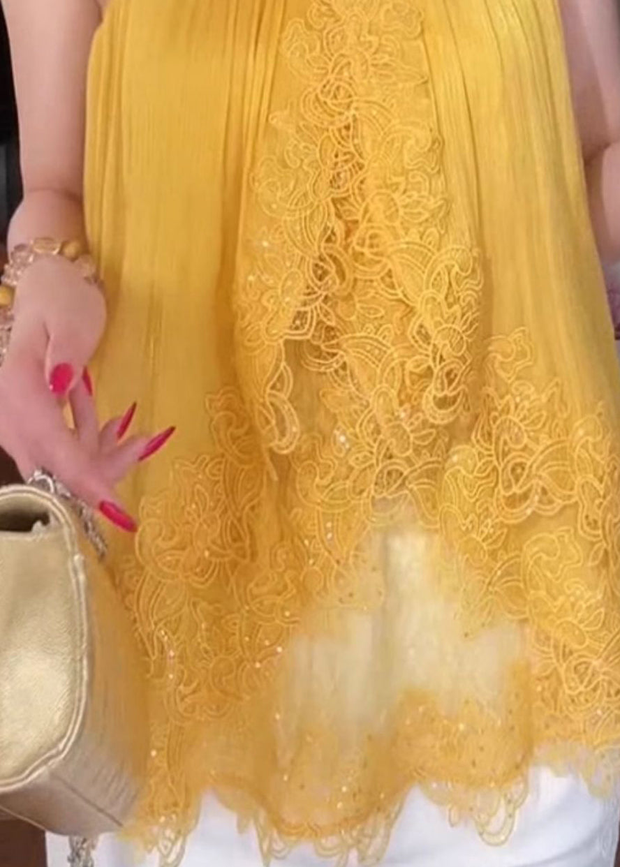 Yellow Lace Patchwork Spaghetti Strap Tops Summer