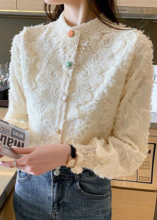 French Apricot Tassel Jacquard Lace Shirt Top Spring