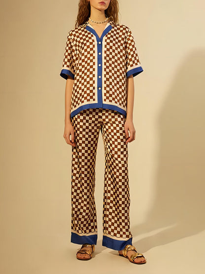 Checkerboard Blue Stripe Unique Print Splicing Loose Elastic Pants