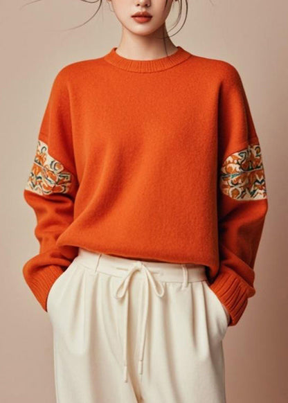 Fine Orange O-neck Cozy Cotton Fall Knit Sweater