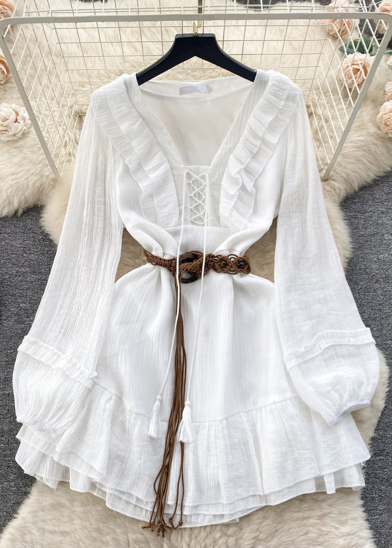 White Ruffled Lace Up Cotton Mid Dress Long Sleeve
