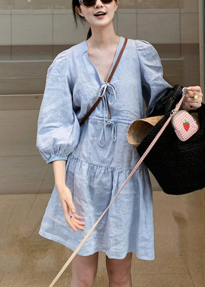 Blue V Neck Lace Up Linen Mid Dress Bracelet Sleeve