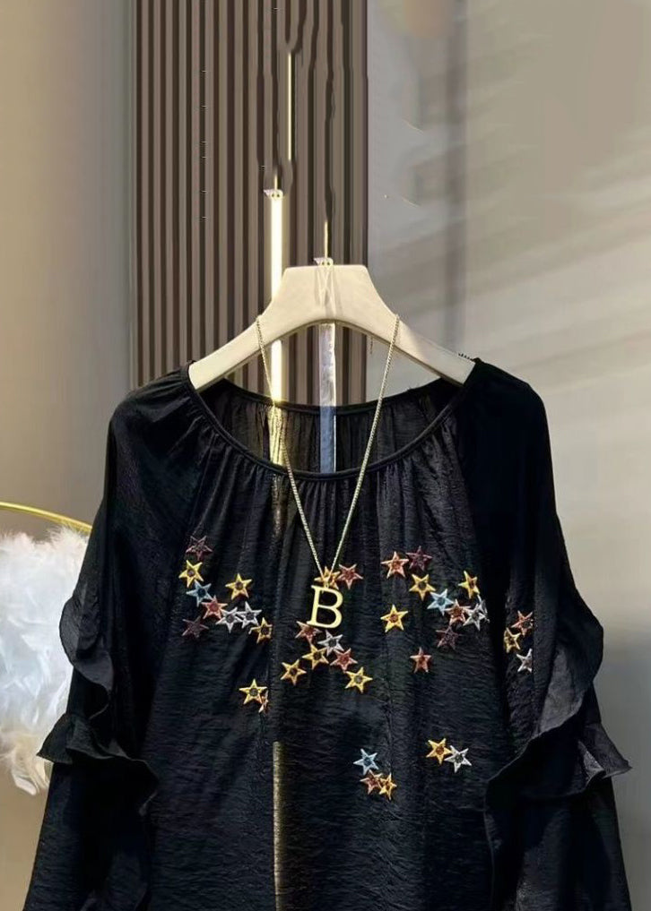 Loose Black Embroidered Ruffled Cotton Tops Long Sleeve