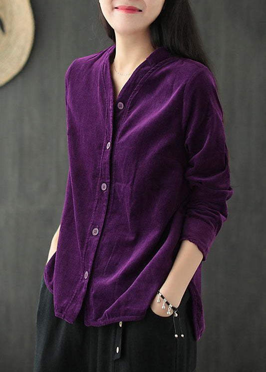 Purple V Neck Color Button Corduroy Shirt Tops Long Sleeve