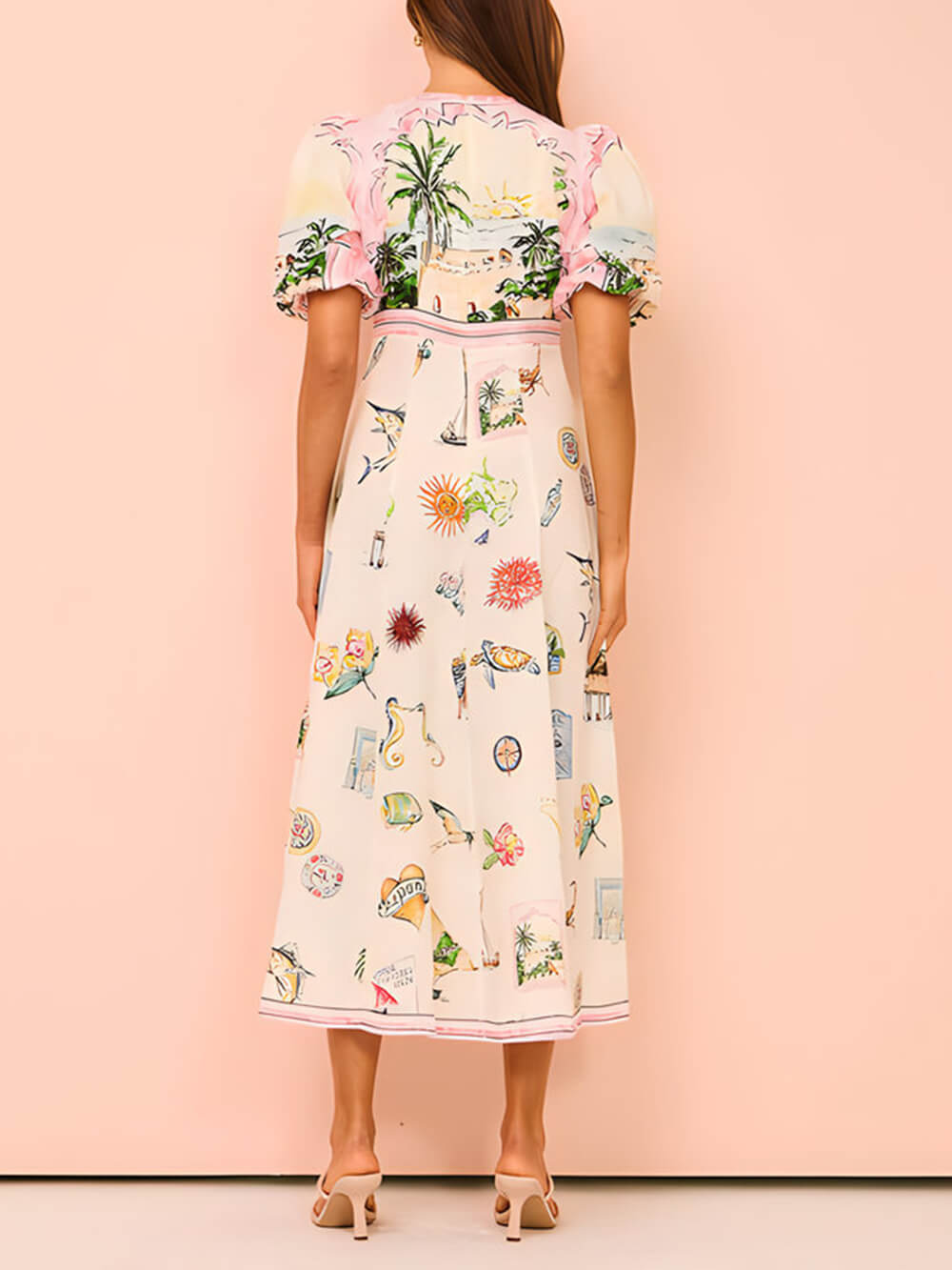 Feature Printed Style Round Neck Midi Dress
