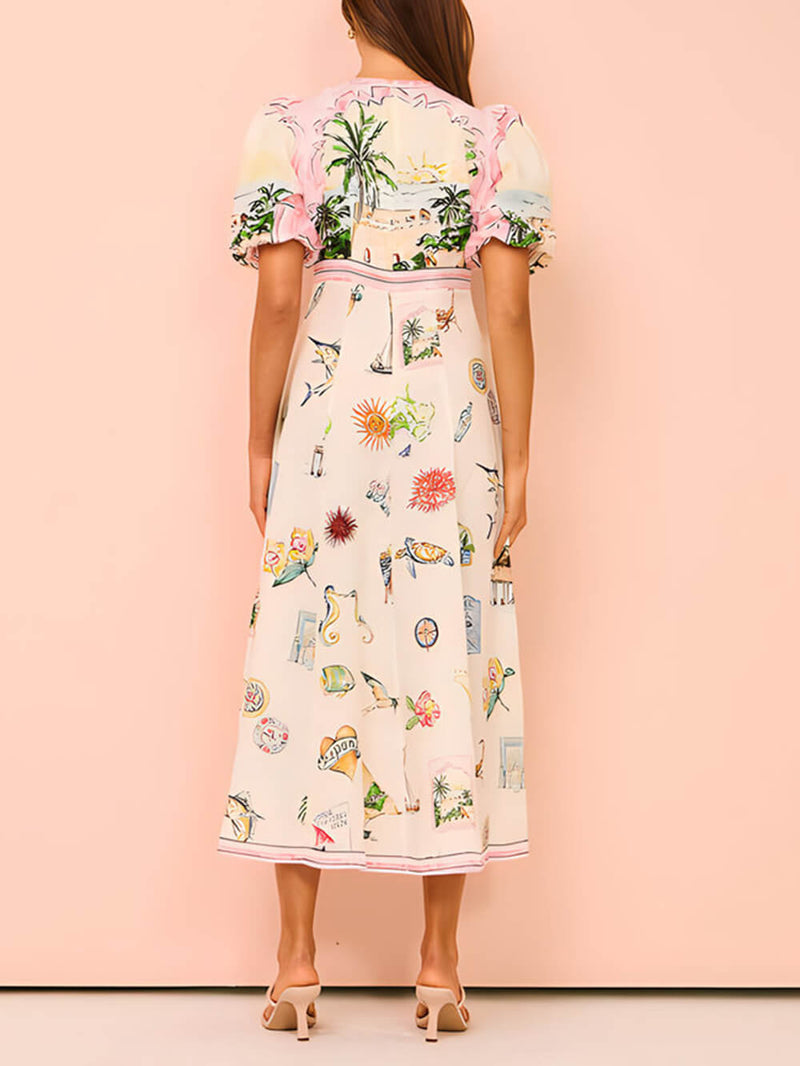 Feature Printed Style Round Neck Midi Dress
