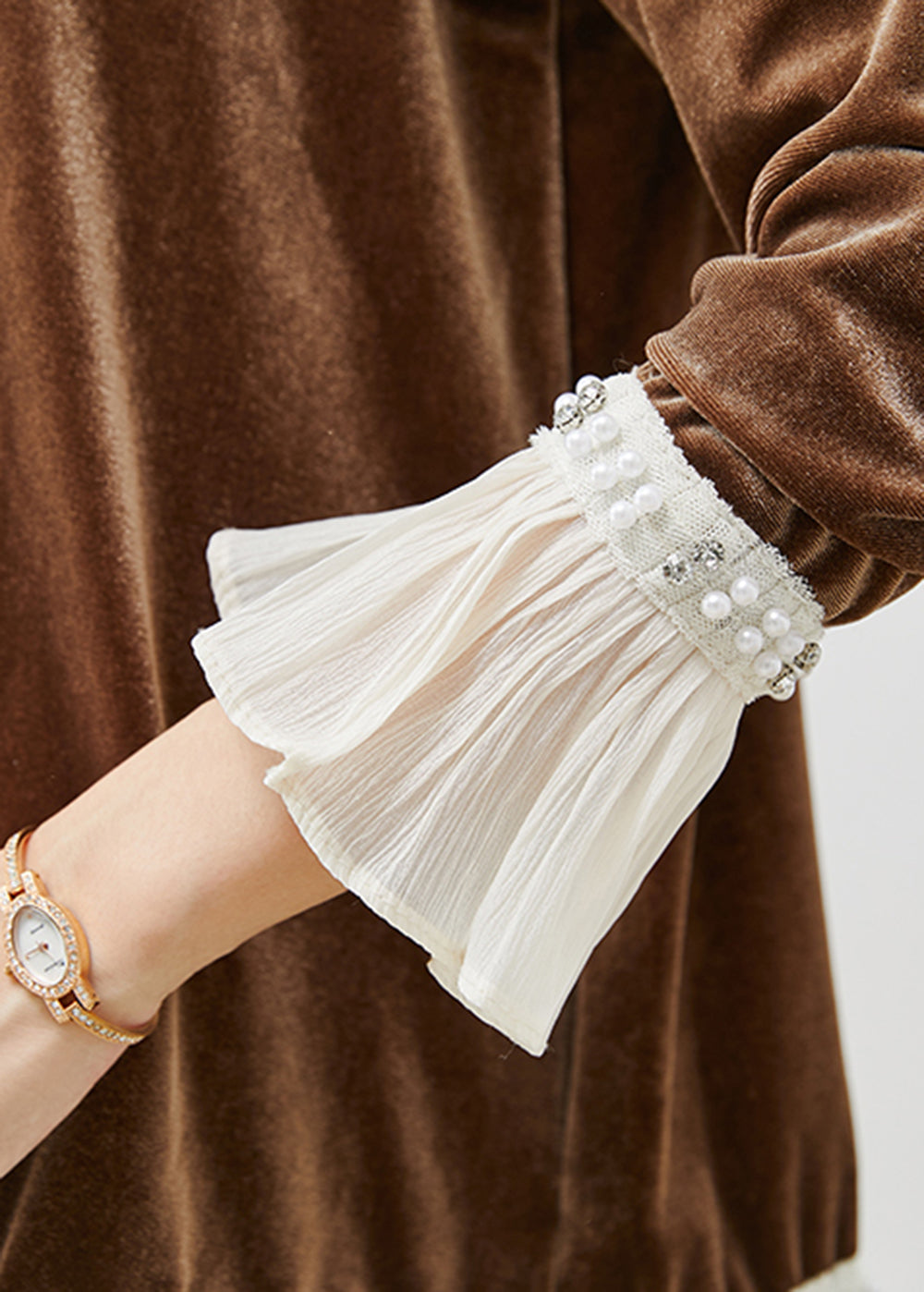 Brown Nail Bead Patchwork Silk Velour Tops Flare Sleeve