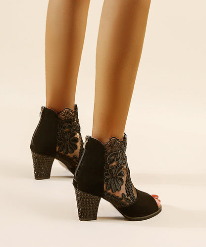 Stylish Black Faux Leather Boots Peep Toe Splicing Lace Tulle