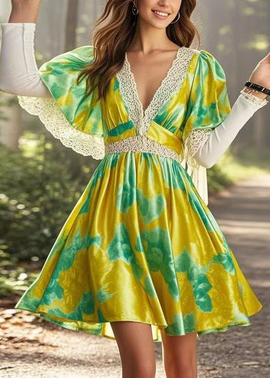 Yellow V Neck Print Lace Patchwork Silk Mid Dress Cloak Sleeves
