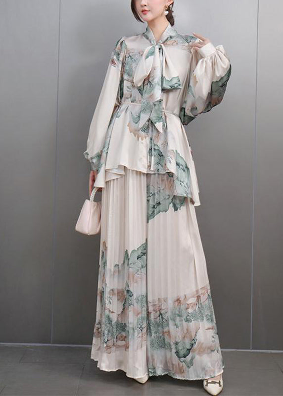 White Bow Print Chiffon Shirts and Maxi Skirts Two Pieces Set Spring