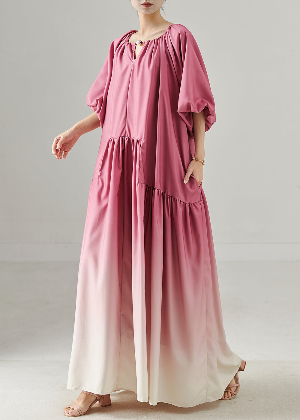 Style Rose Oversized Patchwork Gradient Color Cotton Long Dresses Lantern Sleeve
