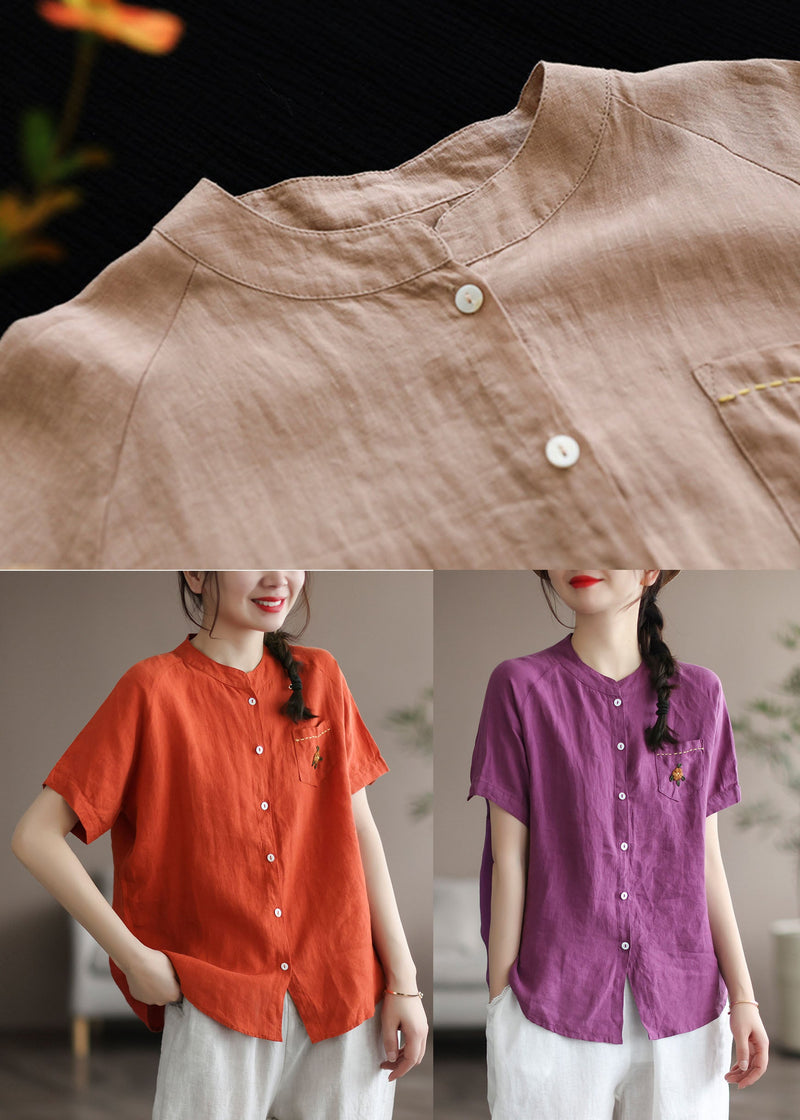 Khaki Loose Linen Shirt Top Embroidered Button Short Sleeve