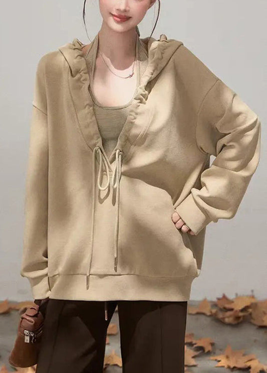 Khaki Tie Lace Drawstring Hooded Sweatshirts Fall