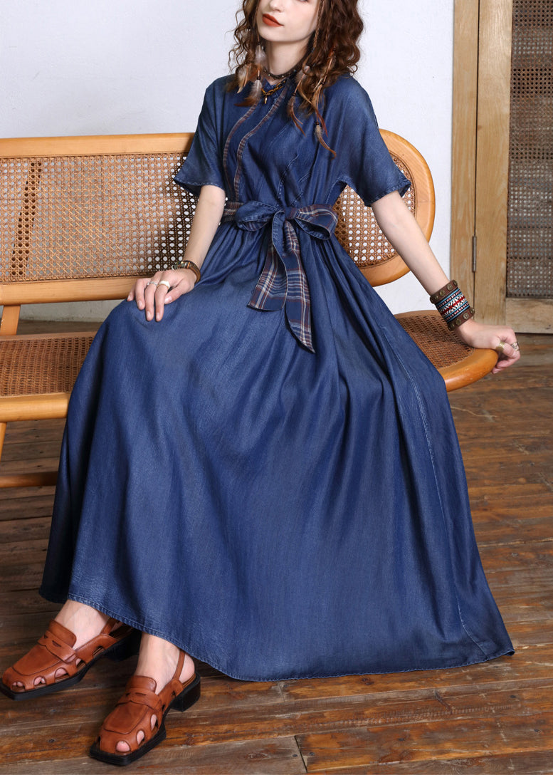 Navy O-neck Bow Tie Waist Silk Cotton Denim Maxi Dresses Short Sleeve