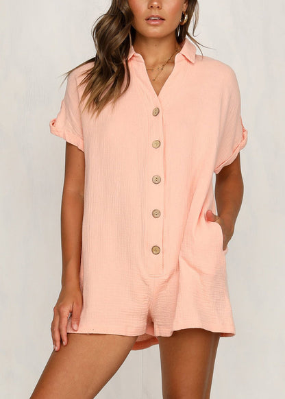 New Pink Peter Pan Collar Pockets Cotton Jumpsuit Summer