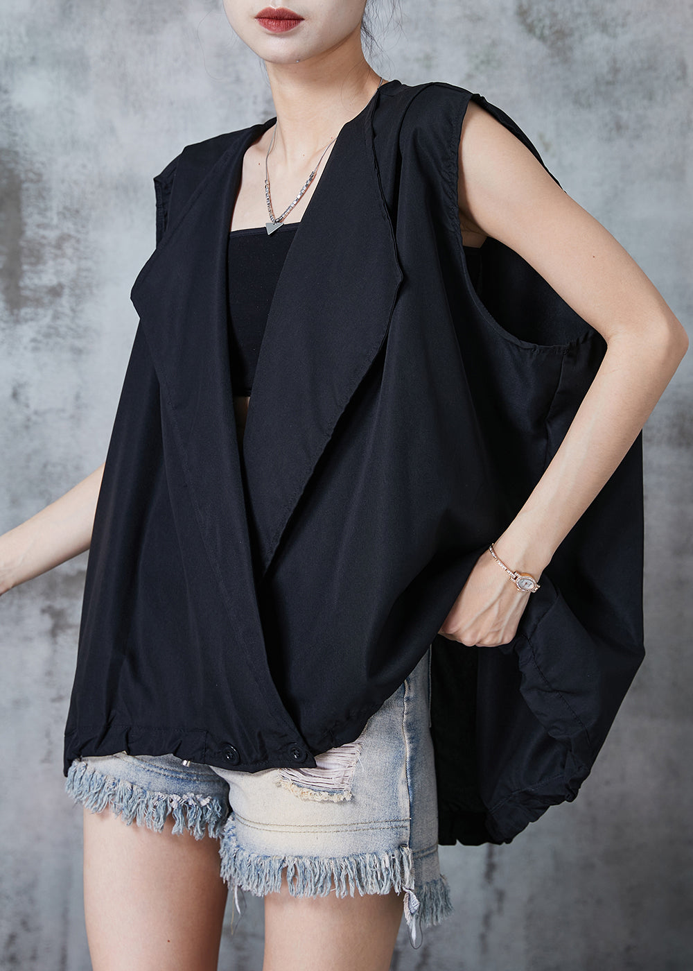 Black Oversized Drawstring Cotton Beach Vest Summer