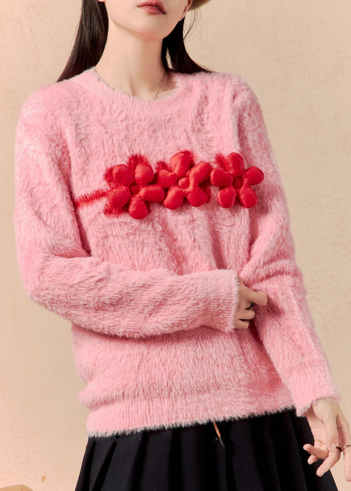 Pink O Neck Mink Hair Knitted Sweaters Winter