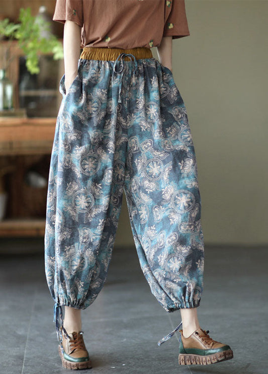 Blue Elastic Waist Pockets Linen Beam Pants Summer