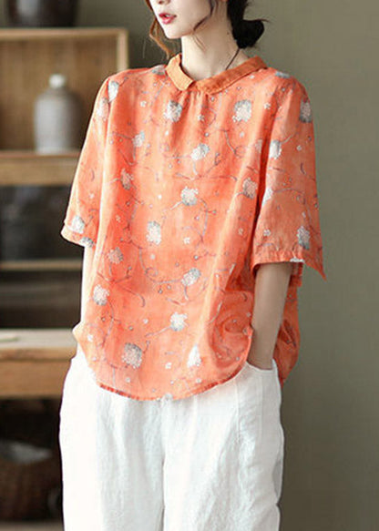 Unique Orange Peter Pan Collar Button Linen Top Half Sleeve