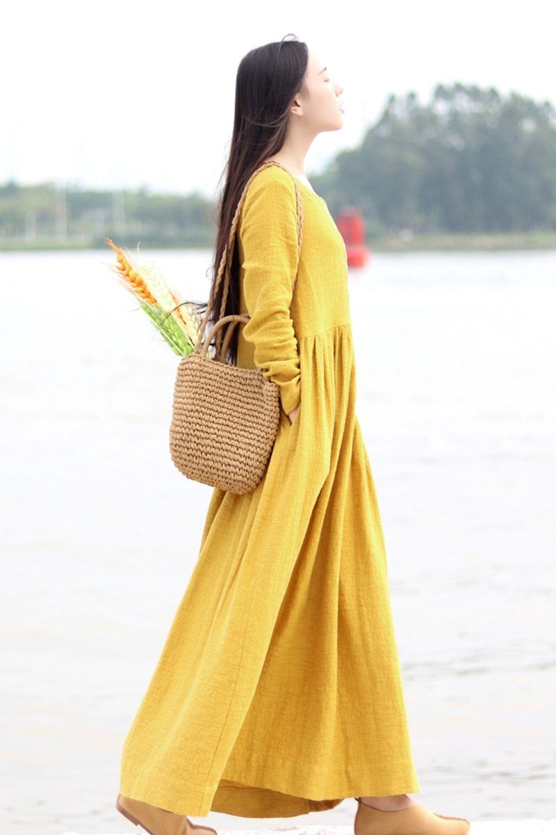 Embroidered Linen Dresses Long Sleeve Linen Caftans Gown for Fall/winter