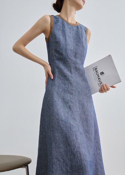 Fitted Blue O Neck Patchwork Denim Long Dress Sleeveless