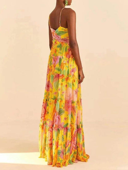 Printed Design Hanging Neck Backless Straight Maxi Dress