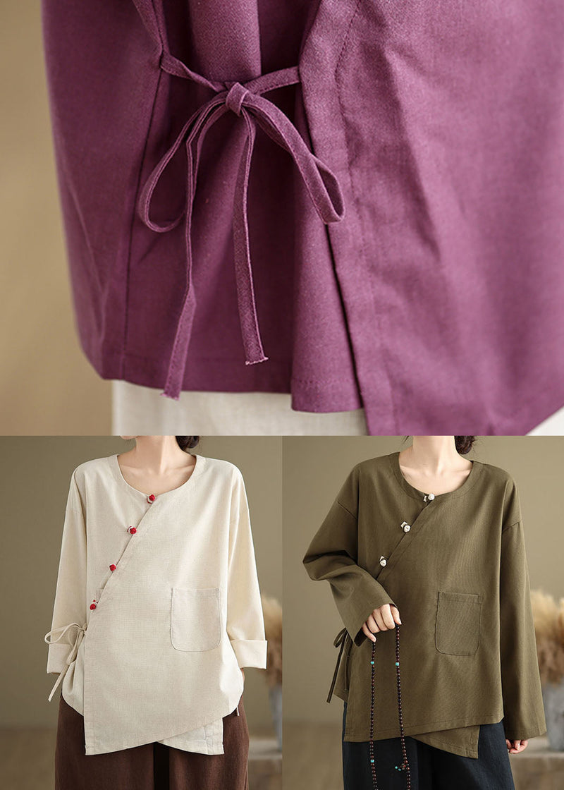 Beige O Neck Lace Up Patchwork Cotton Blouse Top Spring