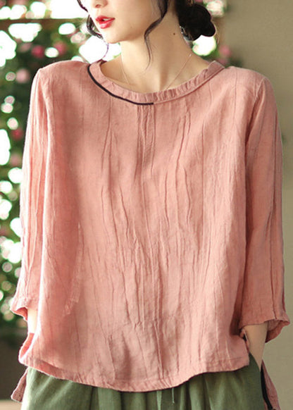 Pink O-neck Wrinkled Side Open Top Three Quarter Sleeve