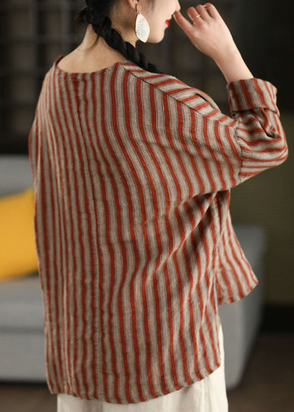 Red O Neck Striped Loose Linen Top Long Sleeve