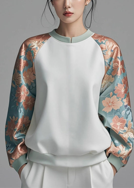 French White Print Patchwork Cotton Sweatshirt Spring