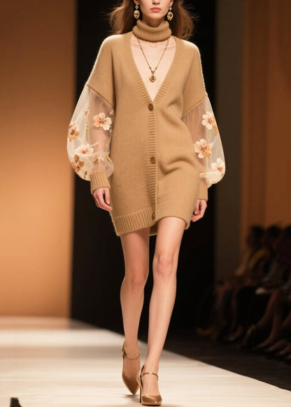 Simple Coffee Oversized Patchwork Tulle Knit Cardigans Fall