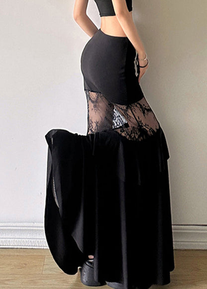 Art Black Hollow Out Lace Patchwork Fishtail Skirt Summer