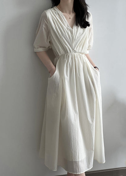 Khaki V Neck Pockets Wrinkled Cotton Dress Summer