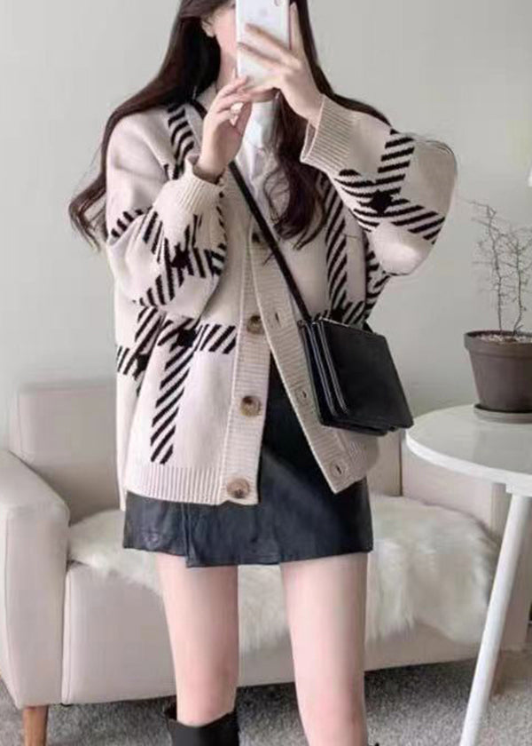 Khaki V Neck Striped Button Knit Cardigan Fall