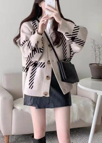 Khaki V Neck Striped Button Knit Cardigan Fall