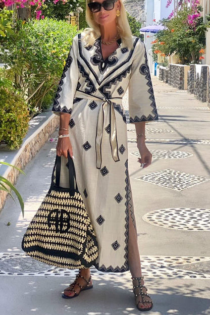 Quiet Atmosphere Linen Blend Print Belted Midi Dress