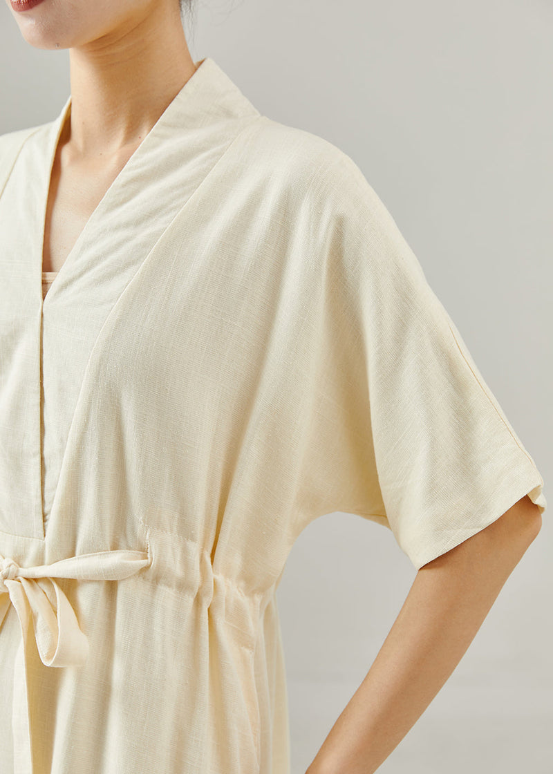 Simple Apricot V Neck Tie Waist Cotton Dress Summer