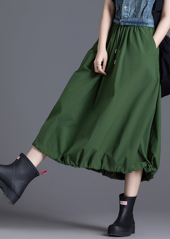 Diy Army Green Elastic Waist Drawstring Cotton Skirt Spring