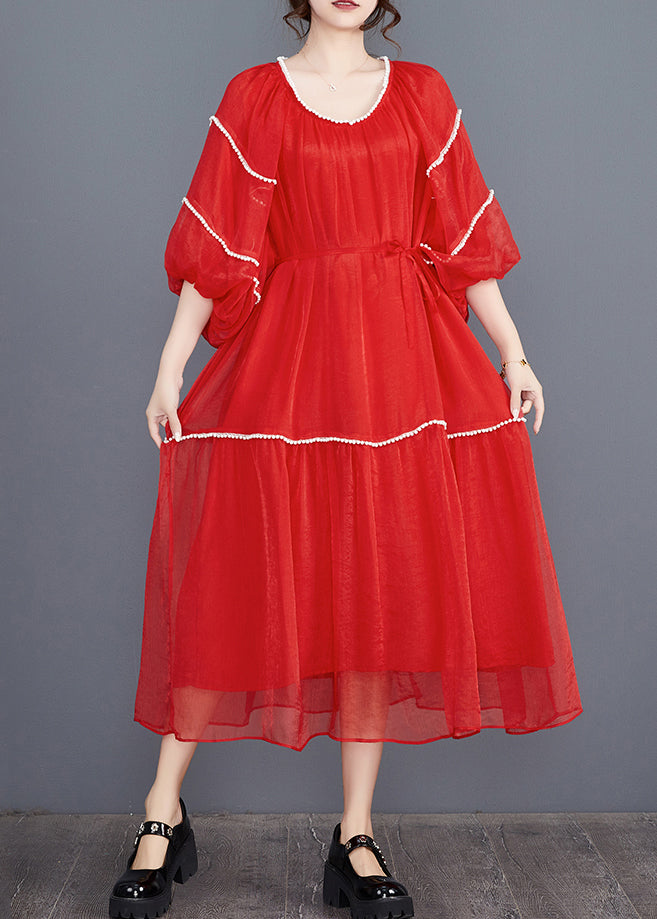 Red O-neck Patchwork Holiday Dress Summer