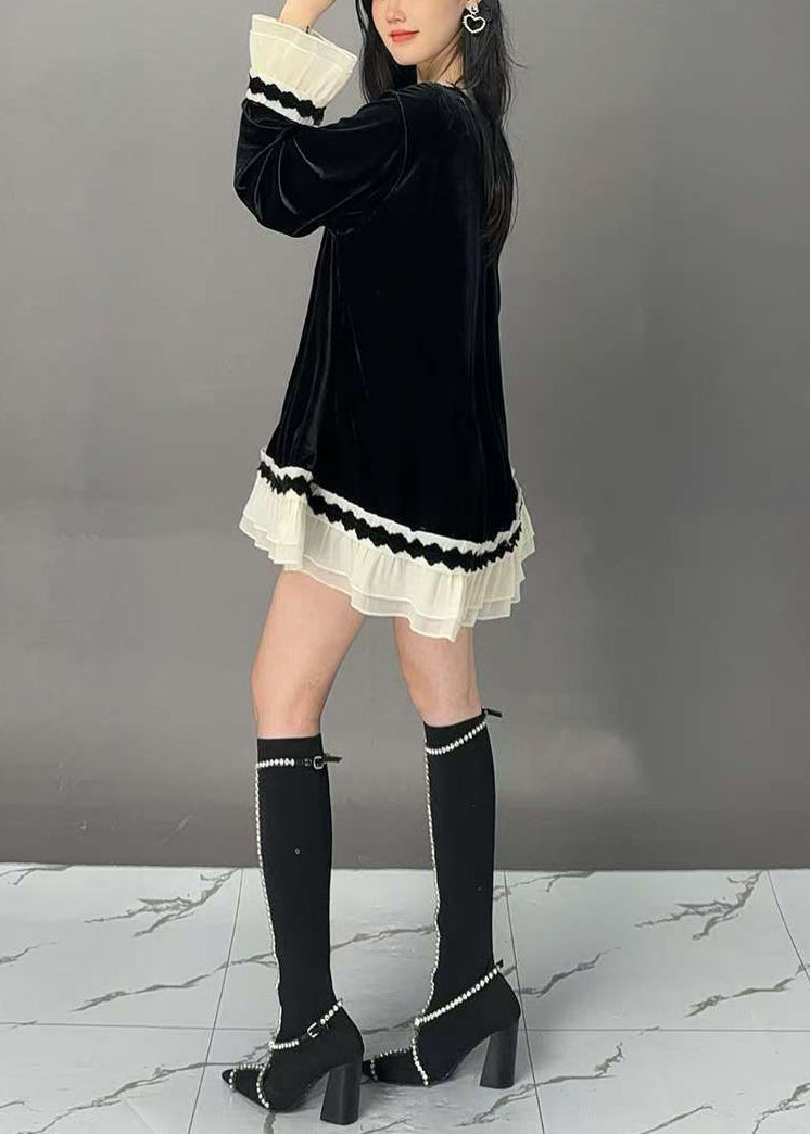 New Black O-neck Patchwork Silk Velour Tops Flare Sleeve