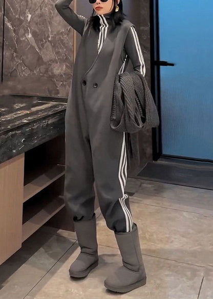 New Grey Striped Button Tops and Jumpsuit Cotton Two Pieces Set Spring
