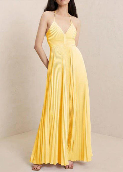 Slim Fit Yellow V Neck Wrinkled Cotton Spaghetti Strap Dress Sleeveless