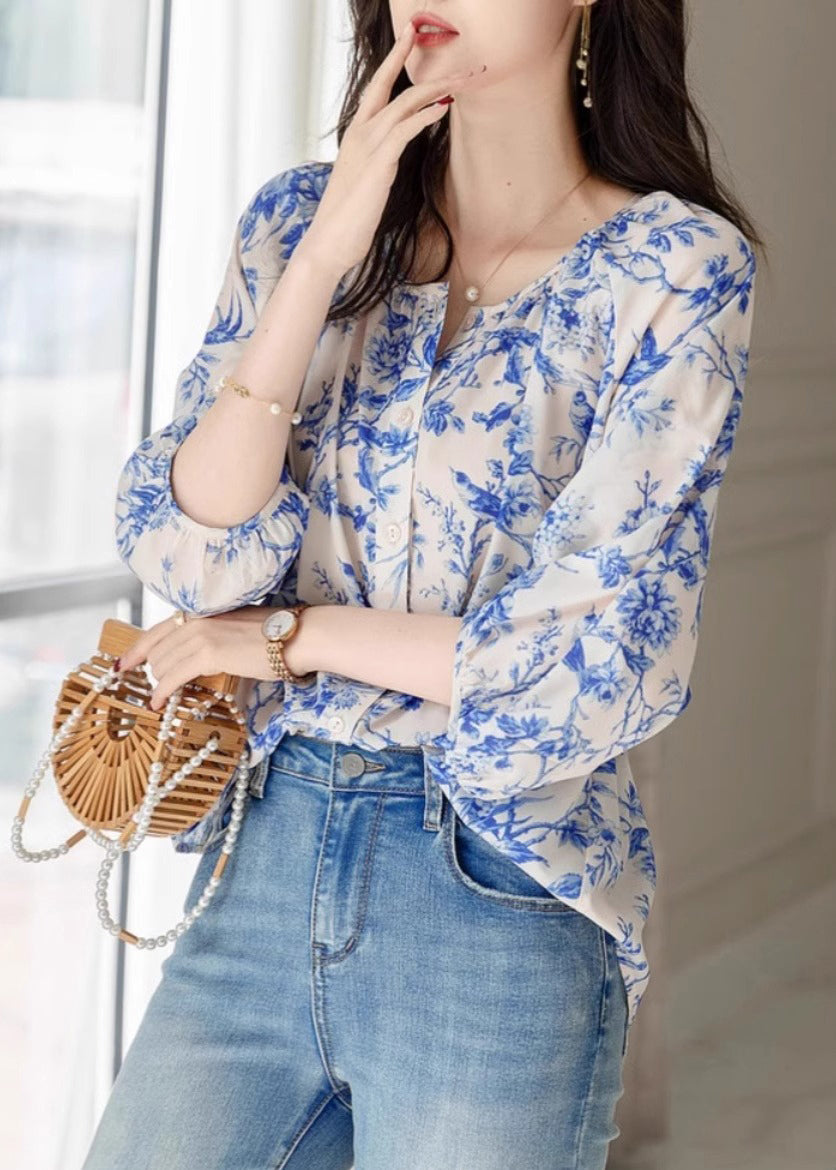Blue O-neck Print Chiffon Top Summer