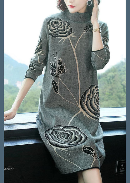 Black Stand Collar Print Knit Sweater Dress Winter